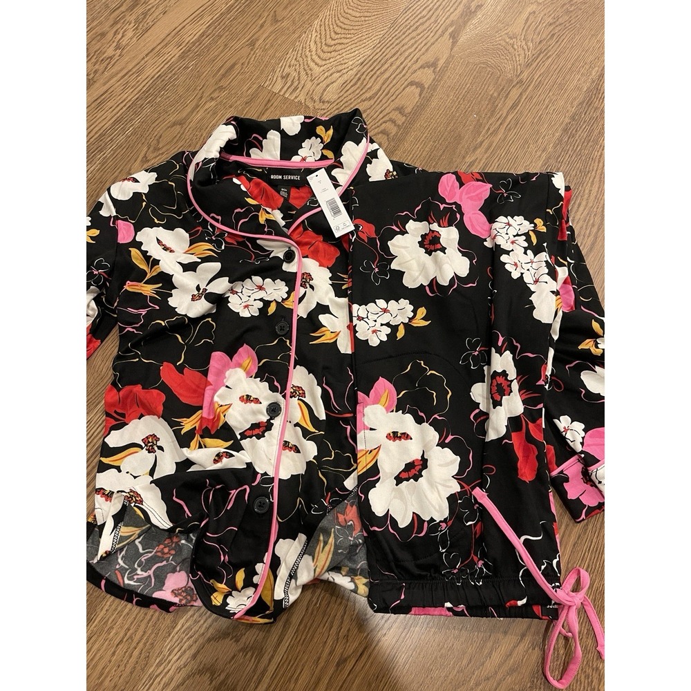 Room Service Womens Pajamas Set Floral Printed Black Pink Long Sleeve Small